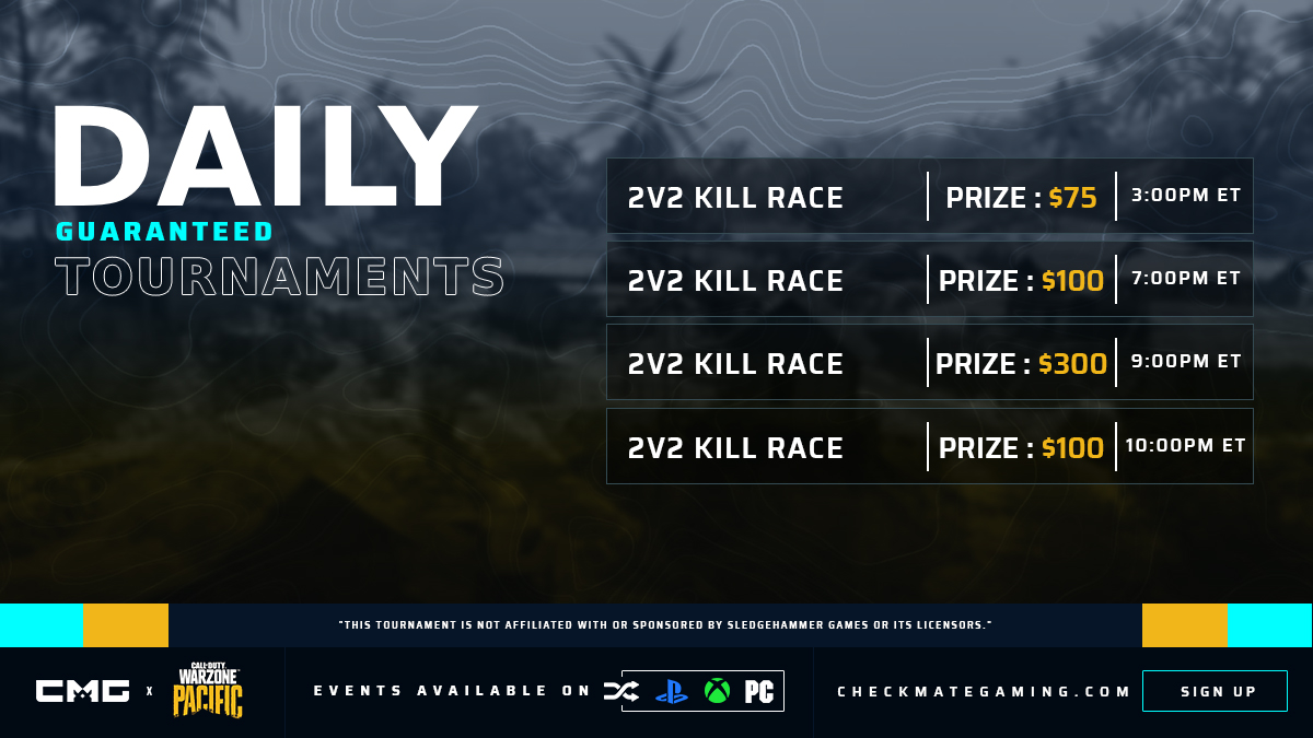 🏆 TODAY'S WARZONE GUARANTEED TOURNAMENTS!

💰 Over $575 in Guaranteed Prizes

Signup Here » checkmategaming.com/tournament/cro…

#CMG #CallofDuty #Warzone #Caldera #Tournaments
