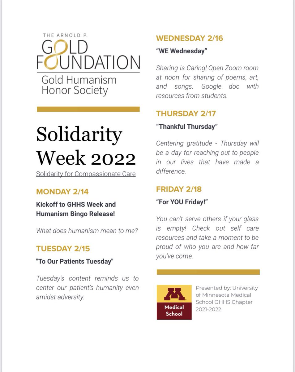 UMN Med Gold Humanism Honor Society (@umngoldhumanism) on Twitter photo GHHS Solidarity Week is just around the corner!! 🥳
Check out what our chapter is up to starting next Monday.
#GHHS <a href="/GoldFdtn/">Gold Foundation</a> <a href="/umnmedschool/">UMN Medical School</a> #CompassionateCare GHHS Solidarity Week is just around the corner!! 🥳
Check out what our chapter is up to starting next Monday.
#GHHS <a href="/GoldFdtn/">Gold Foundation</a> <a href="/umnmedschool/">UMN Medical School</a> #CompassionateCare