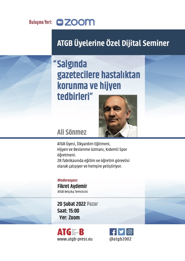 ATGB2002's tweet photo. ATGB “Salgında gazetecilere hastalıktan korunma ve hijyen tedbirleri” adı altında bir seminer düzenliyor

Avrupa Türk Gazeteciler Birliği (ATGB) üyelerine özel olan ücretsiz dijital seminer 20 Şubat 2022 tarihinde pazar günü gerçekleşecek. https://t.co/TLvsHOpI3K