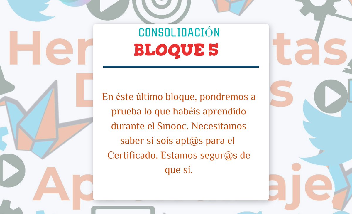 HdSmooc's tweet photo. #EVP_UNED Ya está aquí la información del Bloque 5: Consolidación. No diréis que no os estamos dando pistas sobre el Smooc. Dentro de unas horas, podréis inscribiros en "Herramientas Digitales de Aprendizaje". ¡Calentando motores! https://t.co/JKqvSoYUCQ