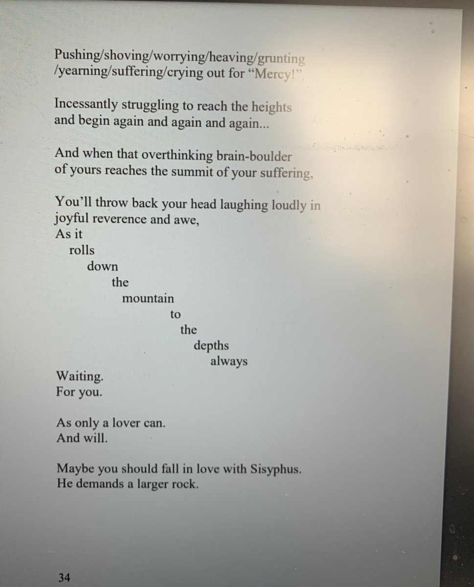 skeletorwrites's tweet photo. today’s obsession: title poem from Don’t Fall in Love with Sisyphus by Lisa B. Molina from Fahmidan Press @lisabmolina1 @fahmidanjournal #DontFallinLovewithSisyphus https://t.co/zmtTGe7YeN