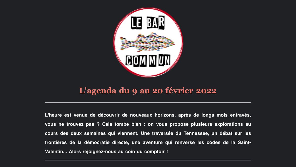 LeBarCommun's tweet photo. Road trip, amour, RIC, belote et rebelote.
Ce n’est pas un mot de passe, c’est le programme de la quinzaine au #BarCommun
👀
https://t.co/LOsqHSfY85 https://t.co/7IC02Gxzml