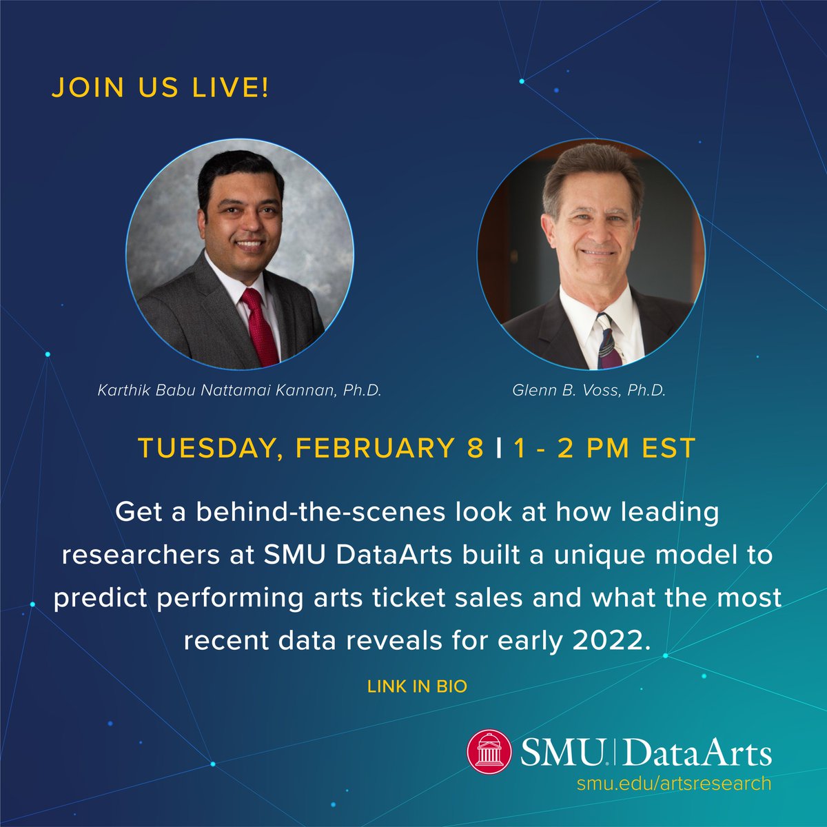 smumeadows's tweet image. Join us today at 1pm EST for a DataArts webinar on How SMU DataArts Researchers Built a Model to Predict Ticket Sales. Register here: bit.ly/34lgZrZ | #smumeadows #smudataarts