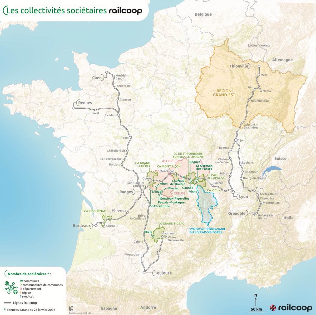 La force de Railcoop, c'est sa structuration en SCIC qui permet d'associer citoyens, entreprises, associations et collectivités à la construction du projet.

23 collectivités sont engagées dans la coopérative pour concevoir des services adaptés à tous les territoires.