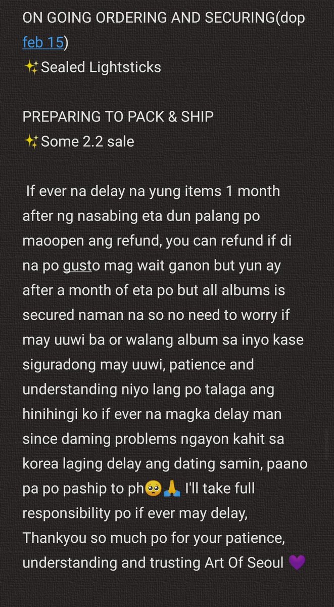ArtOfSeoulPH's tweet photo. #AOSUpdates @ArtUpdate

MASS UPDATE AS OF FEB 9~

Thankyou so much po for your patience and trusting @ArtOfSeoulPH. Rest assured na all items is uuwi sa inyo and if magka problem man i'll let you know right away. I admit din sa sarili ko and sa inyo na medyo bumabagal yung++ https://t.co/RmrElpaXNX