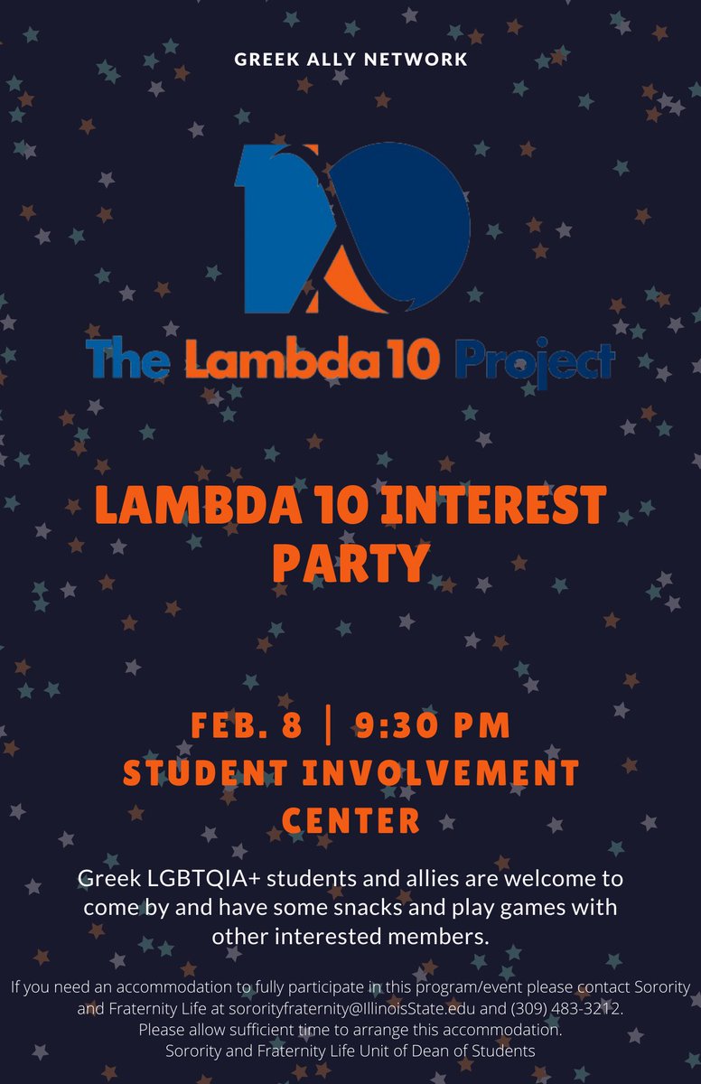 Join us tonight at 9:30 PM in the Student Involvement Center for the Lambda 10 Interest Party! This event is geared towards Greek LGBTQIA+ students and allies. Refreshments and games will be available 🤍