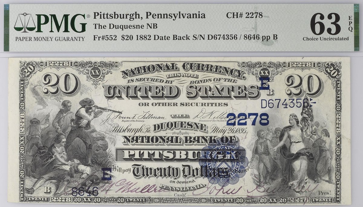 PMGnotes's tweet photo. This Duquesne National Bank $20 is one of more than 250 PMG-certified National Bank Notes being offered in a sale by Heritage Auctions. Explore the auction: https://t.co/9HUl4rP1ry #numismatics #banknote #papermoney #notecollecting #papermoneycollecting #nationalbanknotes https://t.co/6I5b959pUI