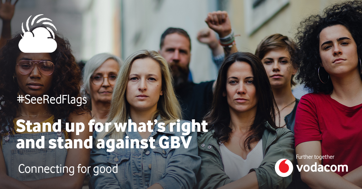 Vodacom's tweet photo. If you don't feel safe in your relationship, seek help and take a stand. Download the Bright Sky SA App. #SeeRedFlags and help end GBV: https://t.co/8u7OAnh4SL https://t.co/tSqodZVkr8
