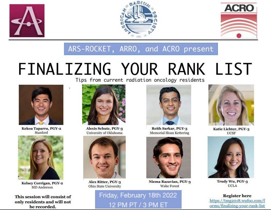 ACROresident's tweet photo. 🚨Webinar Alert 🚨

#MedStudentTwitter - applying to #radonc &amp; have❓about the rank list? 

Join @ACROresident + @ARRO_org + @RadiumSociety residents to get all your❓answered! 

📆 - Feb 1️⃣8️⃣th @ 3pm EST 

Sign up ⬇️
https://t.co/LEI1c6bhrl https://t.co/3HJmdD1Ha8