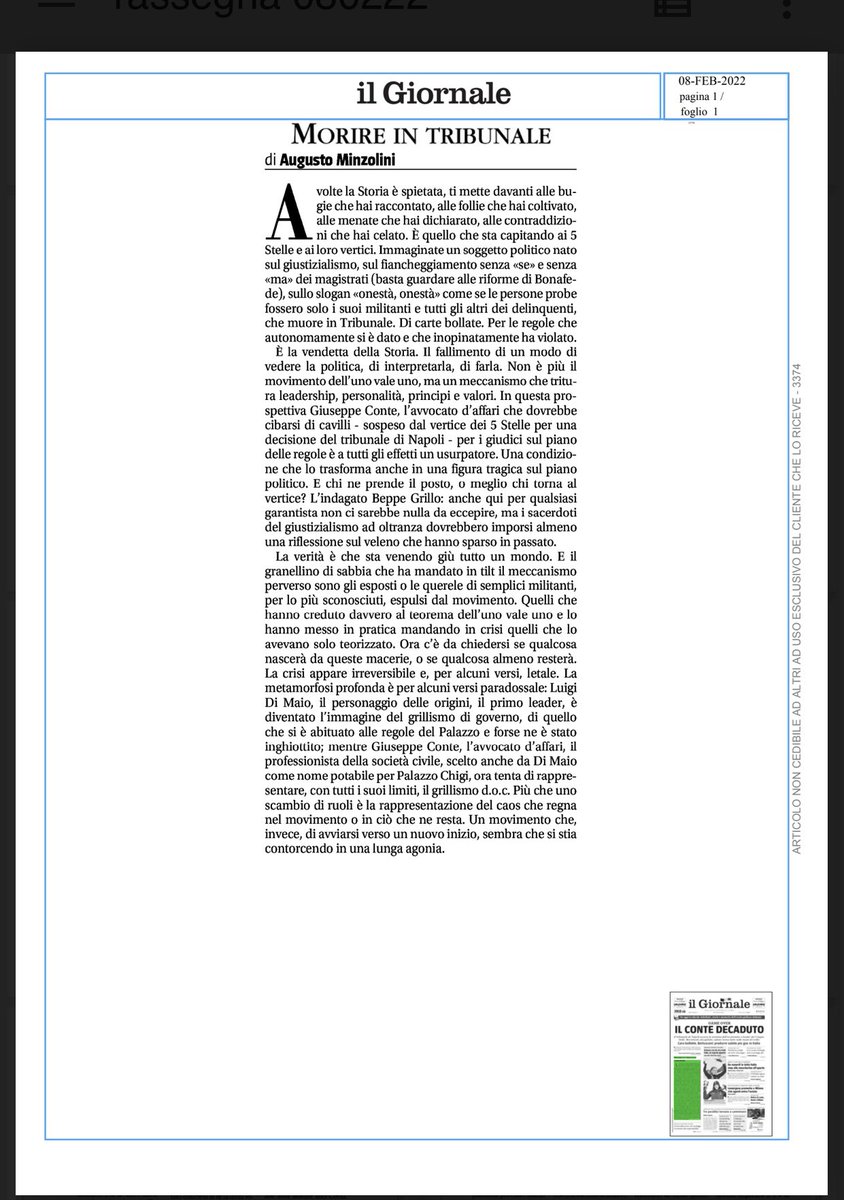 AugustoMinzolin's tweet photo. La vendetta della Storia? Conte, l’avvocato d’affari, rimosso dal vertice dei grillini, il partito dei giustizialisti in Parlamento, da un tribunale. Sta venendo giù un mondo. Minzolini IlGiornale https://t.co/YGvzXkVmek