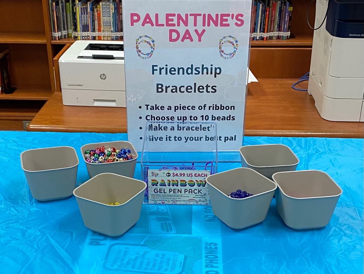 SMMSLibrary's tweet photo. Palentine’s Day is February 13th, and we are celebrating in the library. Come in and grab a book to read with a friend and then make a friendship bracelet. @Smarts_Mill https://t.co/hh6dDL95Fj