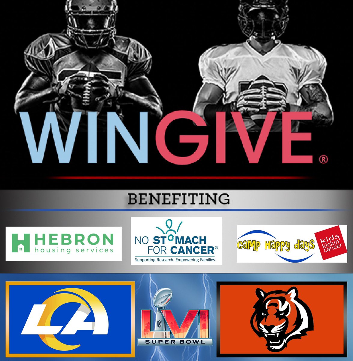WinGiveApp's tweet photo. Calling #RamsHouse and #RuleTheJungle fans!!! If your team wins the #SuperBowl , would you be willing to donate to charity? With #WinGive, you can!
Hebron House: https://t.co/oSnoNF9KJK
Camp Happy Days: https://t.co/sEI5KOIWWh
No Stomach For Cancer: https://t.co/ypUCif2WMn https://t.co/k2UhNHP863