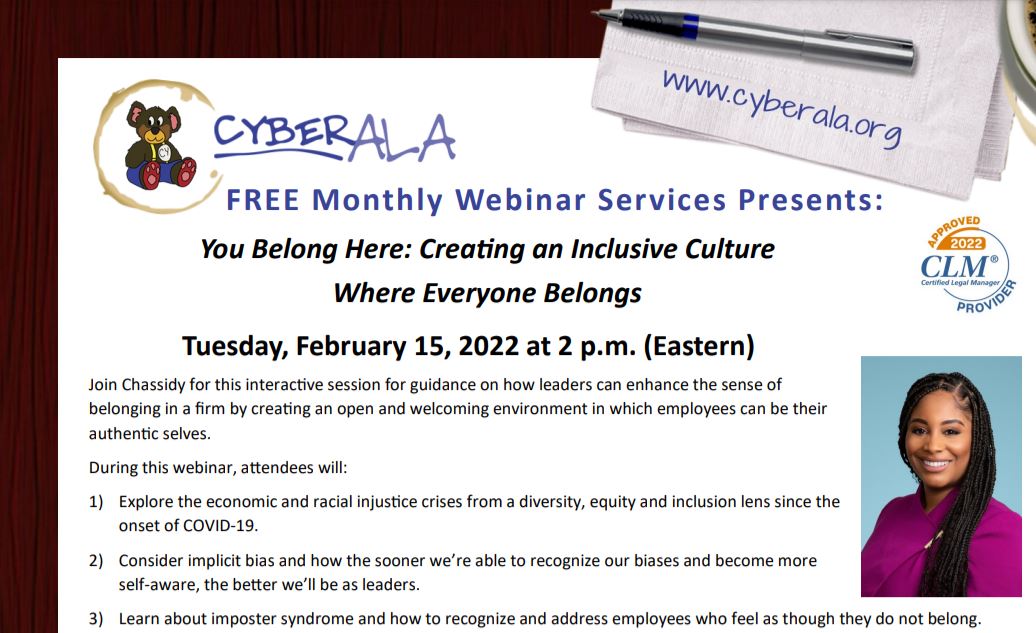 ALACyberChapter's tweet photo. Join us for the next Cyber Chapter webinar on 15 February where Chassidy Deckard will talk about how to create an inclusive culture. You can register here https://t.co/otbavARZjh and remember, it's always free #webinar https://t.co/fXiVsbjwbi