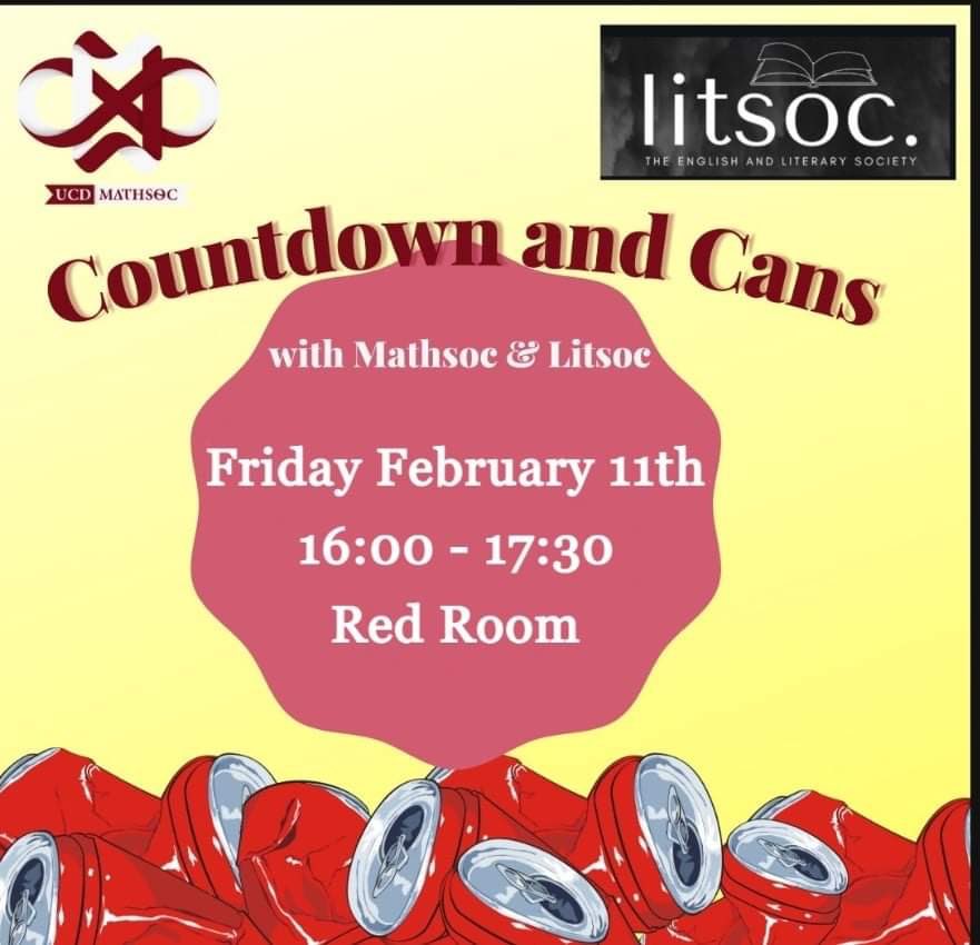 UCD Maths Society (@ucd_maths_soc) on Twitter photo After the success of our Countdown and Cans event in semester one we have teamed up again with <a href="/UCDLitSoc/">UCD LitSoc</a> for a part two!
Join us this Friday in the Red Room for pizza, countdown and fun all around! 🍕🍻🔡 <a href="/UCDSocieties/">UCD Societies</a> #ucdsocieties #ucd #myucd #ucdmathsoc #ucdlitsoc After the success of our Countdown and Cans event in semester one we have teamed up again with <a href="/UCDLitSoc/">UCD LitSoc</a> for a part two!
Join us this Friday in the Red Room for pizza, countdown and fun all around! 🍕🍻🔡 <a href="/UCDSocieties/">UCD Societies</a> #ucdsocieties #ucd #myucd #ucdmathsoc #ucdlitsoc