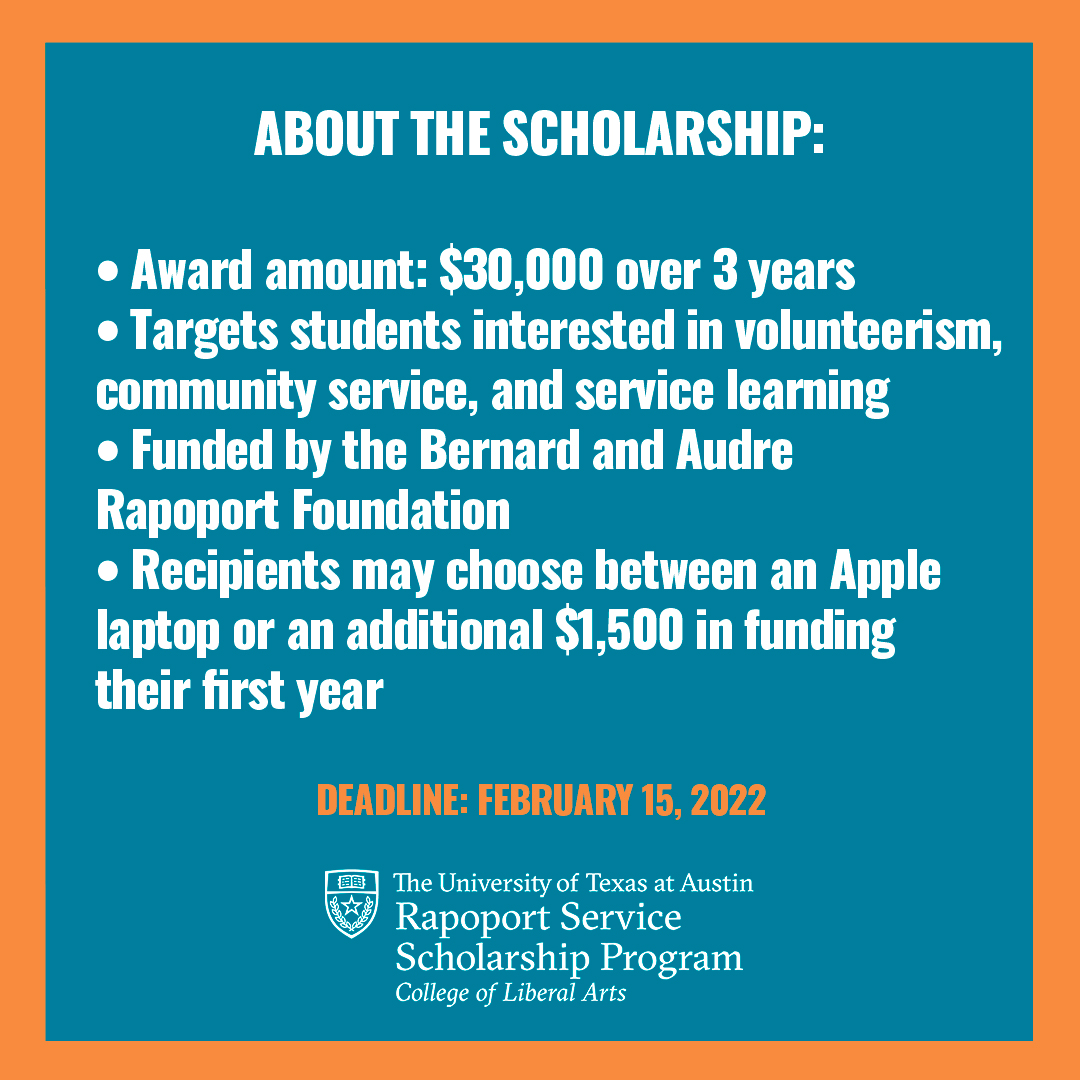 UT_Rapoport's tweet photo. #UT2025 Have you submitted your application to the Rapoport Service Scholarship Program yet? Don’t wait, the deadline to apply is February 15th! https://t.co/41a7Egli3L