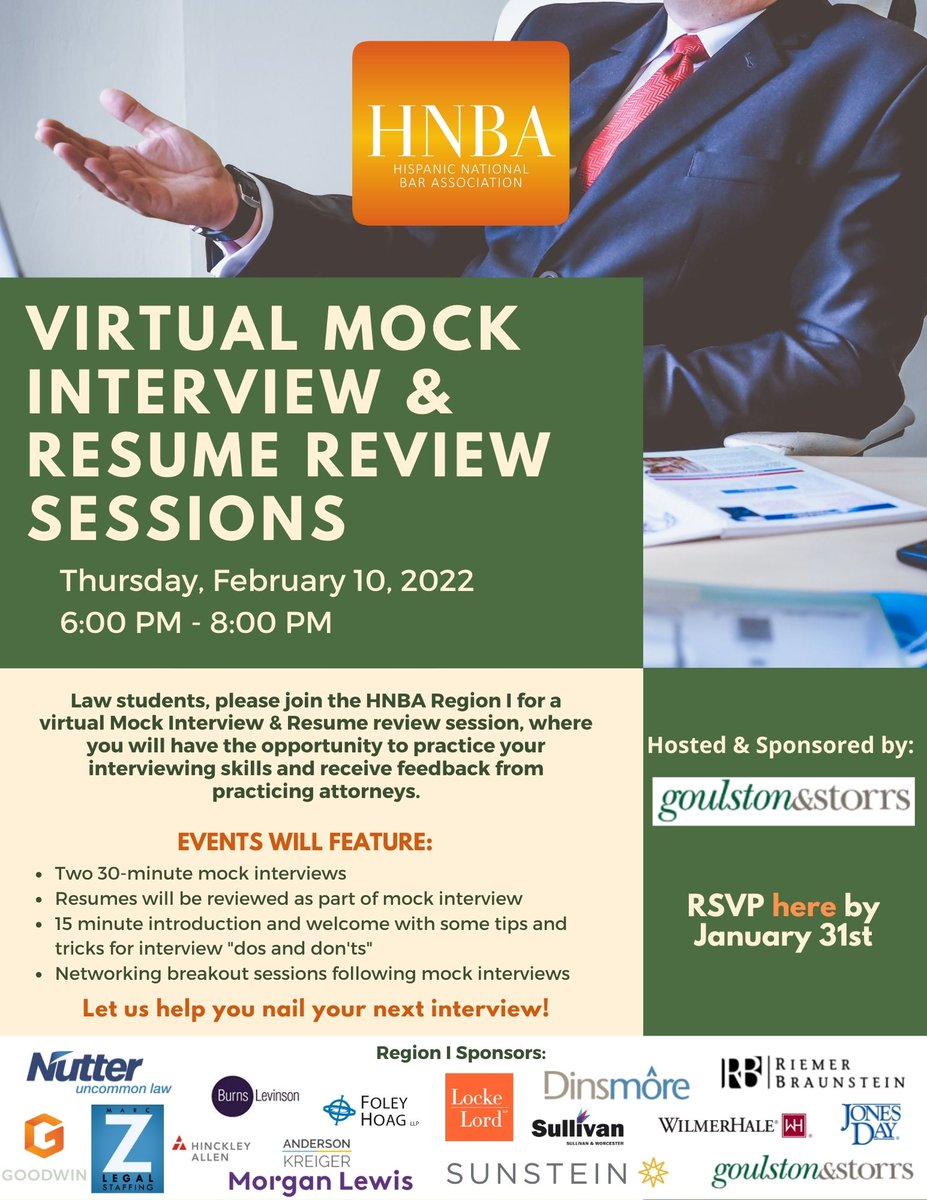 There's still time to join our virtual mock interview &amp; resume review session co-hosted with <a href="/goulstonstorrs/">Goulston & Storrs</a> this Thursday, 2/10 from 6-8PM. Law students will have two 30-minute interviews, followed by networking break out sessions. Please join us! RSVP: bit.ly/34lXRKr