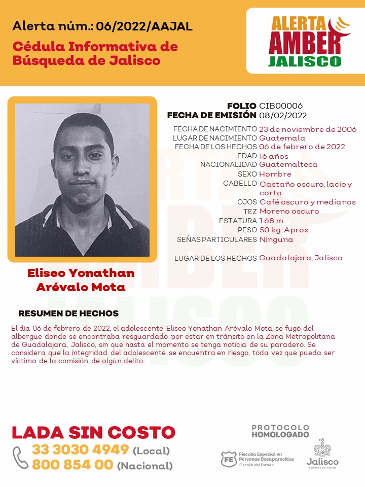 ALERTA AMBER JALISCO on Twitter: "#AlertaAmber solicita tu apoyo para la  búsqueda y localización de Eliseo Yonathan Arévalo Mota, de 16 años de  edad. Gracias por compartir la información. https://t.co/kk1x2Oyj55" /  Twitter