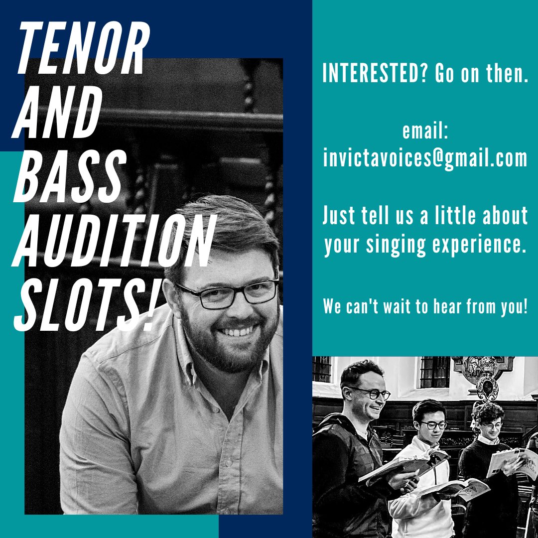 InvictaVoices's tweet photo. 📣 Calling Tenors and Basses 🎶 We are on the look out for a new tenor and bass to join us. Concerts this year include Arundel Cathedral and London. We’d love to hear from you! #londonchoir #choral #acappella https://t.co/Rx9CYyeHnf