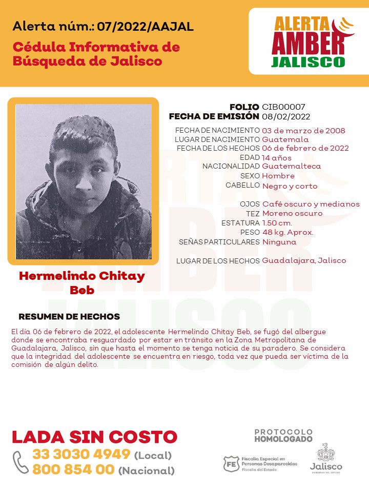 ALERTA AMBER JALISCO on Twitter: "#AlertaAmber solicita tu apoyo para la bÃºsqueda y localizaciÃ³n de Hermelindo Chitay Beb, de 14 aÃ±os de edad. Gracias por compartir la informaciÃ³n. https://t.co/dSanYRA6iv" / Twitter