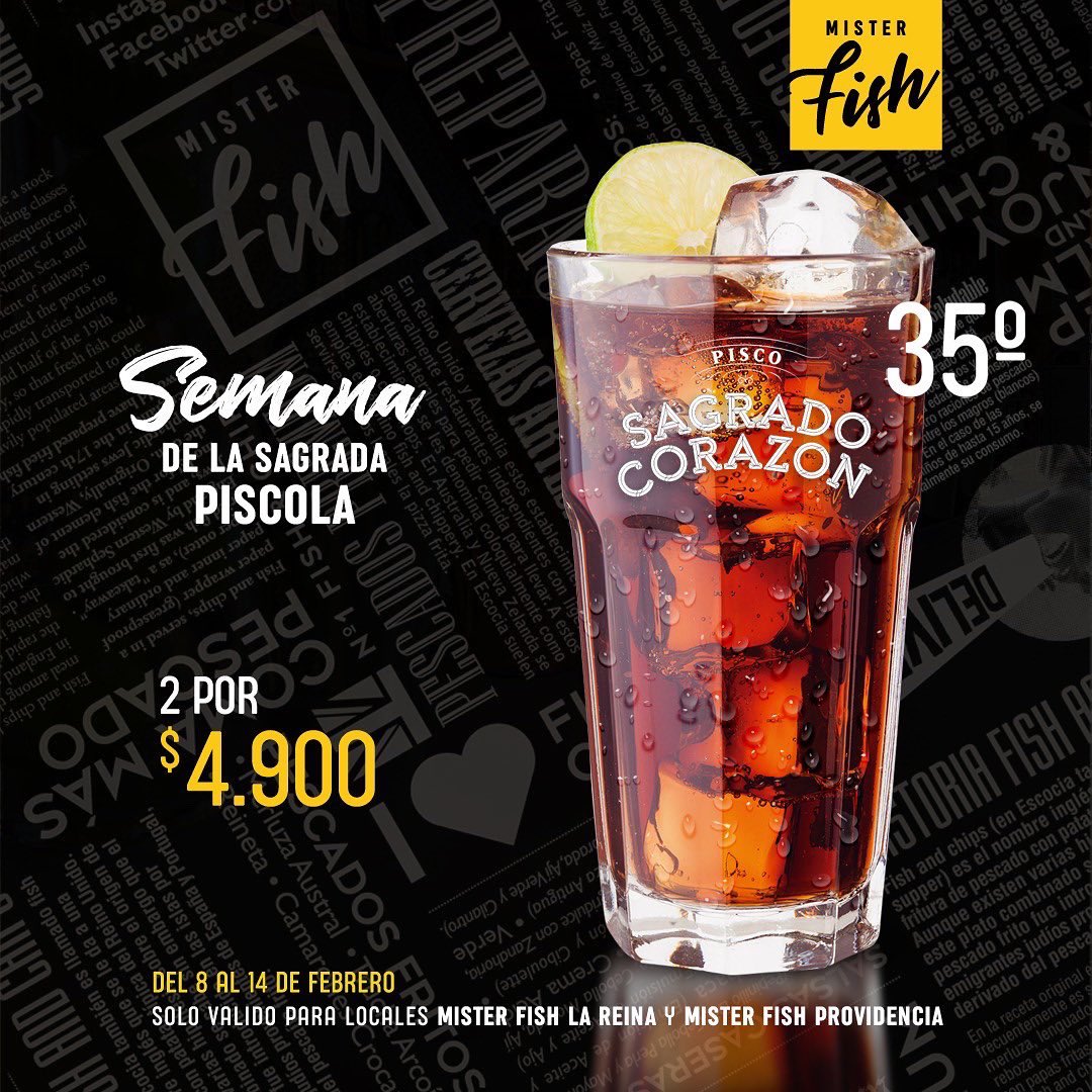 MisterFishChile's tweet photo. ¡PISCOLAS 2 X 4.900 TODA LA SEMANA! 
Porque la piscola se merece mucho más que un día al año, en Mister Fish le dedicamos una semana entera 🥳
Válido en nuestros locales de La Reina (Bilbao 5359) y Providencia (General Flores 39) ¿Te lo vas a perder?
#diadelapiscola #piscola https://t.co/BvLPYGKIXT