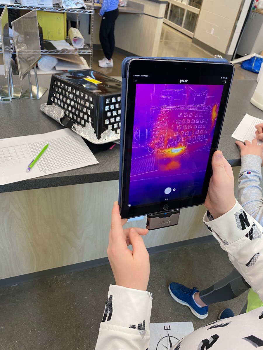 KakouWest7's tweet photo. Students imagined, planned, then created their thermal energy devices. Today they began testing them out. These cameras allowed students to visualize the invisible and make adjustments to their designs in a way they would not have seen otherwise!  #engineeringdesign @mcmspartans https://t.co/yTywx4Tix0