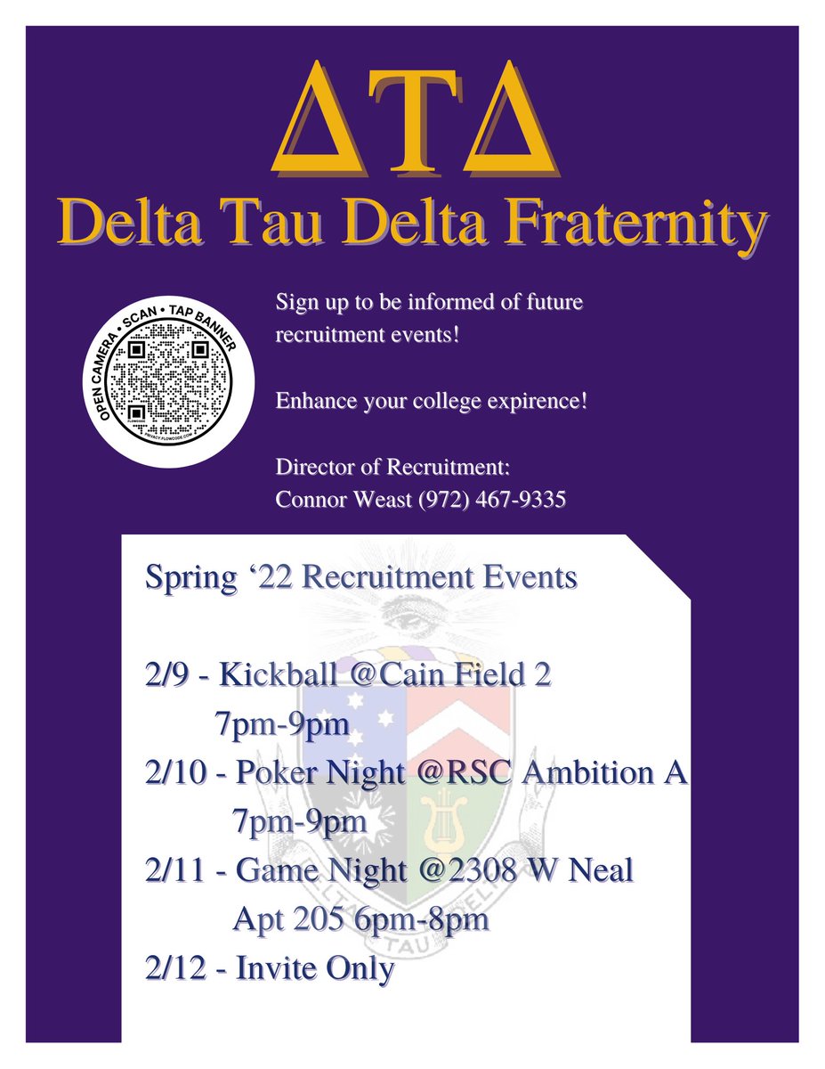 Spring 2022 Recruitment Events! Come on out for fun and games as you get to know the brothers that make up Delta Tau Delta!