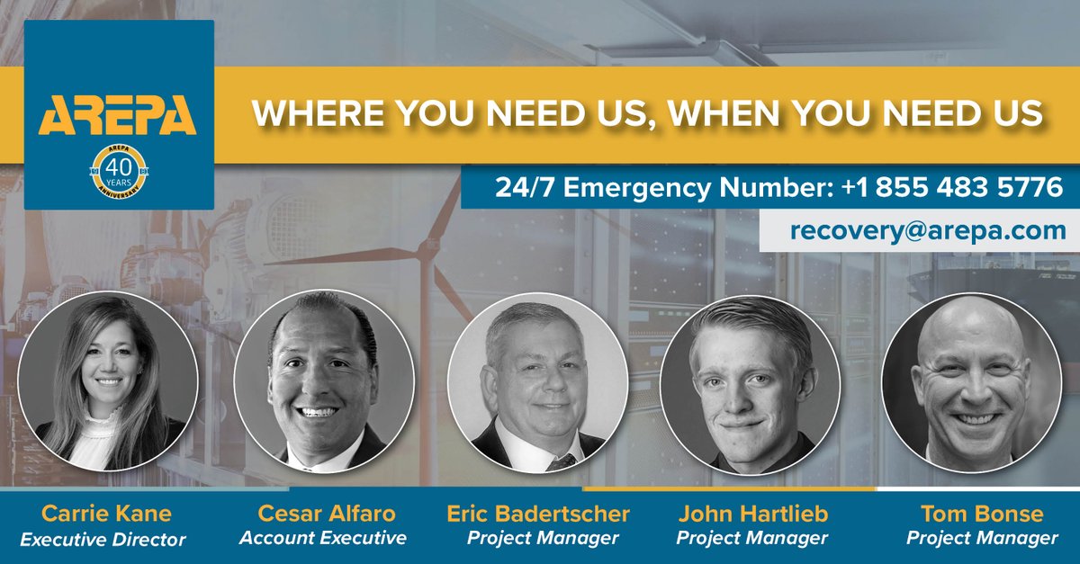 AREPAGlobal's tweet photo. At AREPA, our team members share in our mission for providing the highest quality customer service and restoring confidence in equipment. When disaster strikes, look no further than AREPA! Call 855-483-5776 or email @ recovery@arepa.com. 
Submit online: https://t.co/MdoTGVA5v0 https://t.co/YrTrQMc5BL