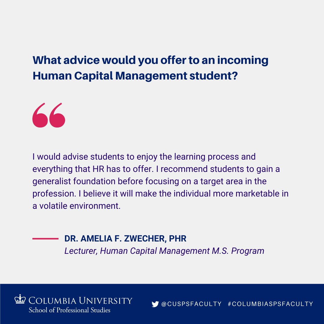 CUSPSFaculty's tweet image. What does a career in Human Capital Management look like? The possibilities seem endless. Dr. Zwecher advises gaining a generalist foundation. 

Learn more about HCM career paths during a  @CU_SPS_HCM alumni event on 2/17. Register for the discussion here: bit.ly/3JejcE8