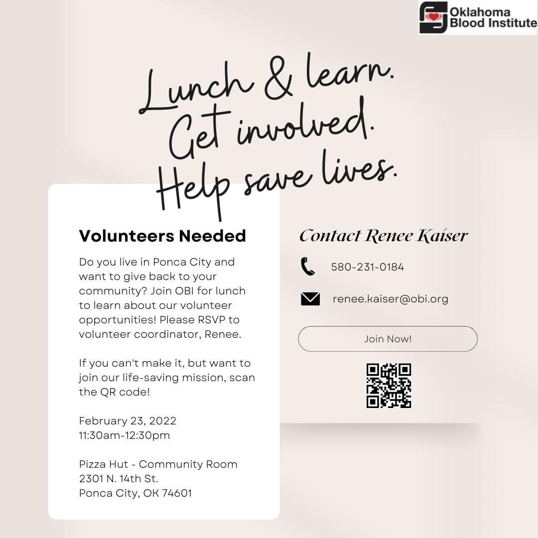 Hey Ponca City, Oklahoma friends - we have a place for YOU!! Join OBI for lunch to learn about our volunteer opportunities. Volunteers can work as many or as few hours as they would like while they serve with a purpose. We would love for you to join our life-saving mission!!