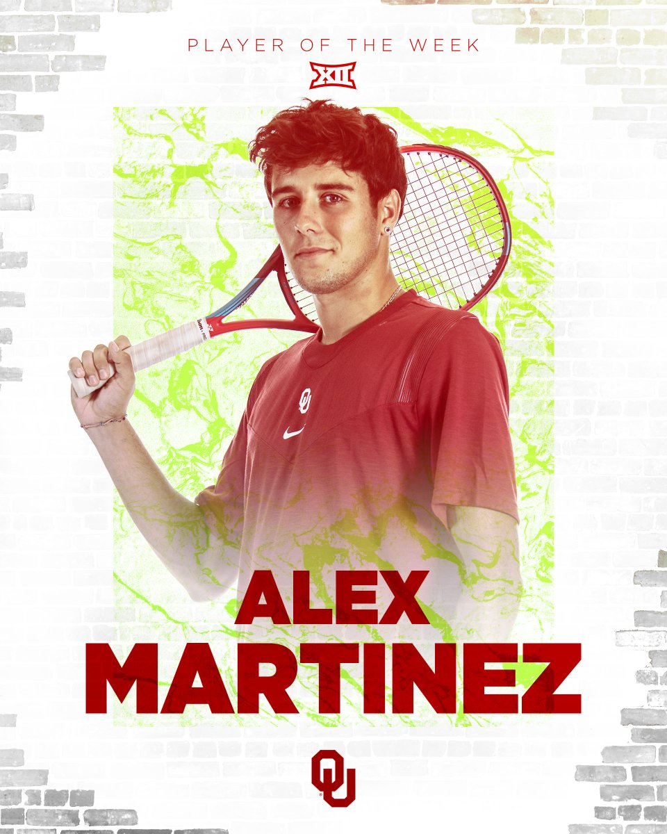 OU_MTennis's tweet photo. The 𝗕𝗶𝗴 𝟭𝟮 𝗣𝗹𝗮𝘆𝗲𝗿 𝗼𝗳 𝘁𝗵𝗲 𝗪𝗲𝗲𝗸 wears 🔴 &amp; ⚪️!

Alex Martinez earned the @Big12Conference weekly honor following a 4-0 weekend, including a top-25 win in singles!

#WeAreOU 

📰 | https://t.co/eFCSiooSXI https://t.co/ltDjqumxGm
