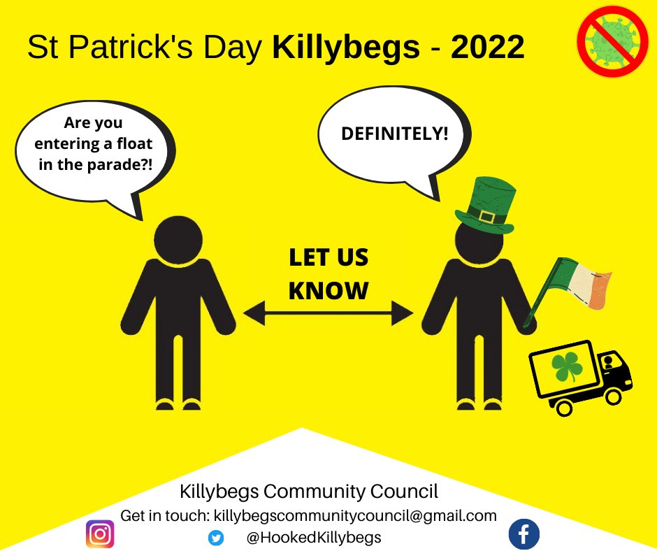 Help us to organise this year's St Patrick's Day parade by letting us know if you plan to participate. If you want to put in a float or just march, it doesn't matter if your plans are in the early stages, just send us a message to let us know you want to join in! Thank You!!