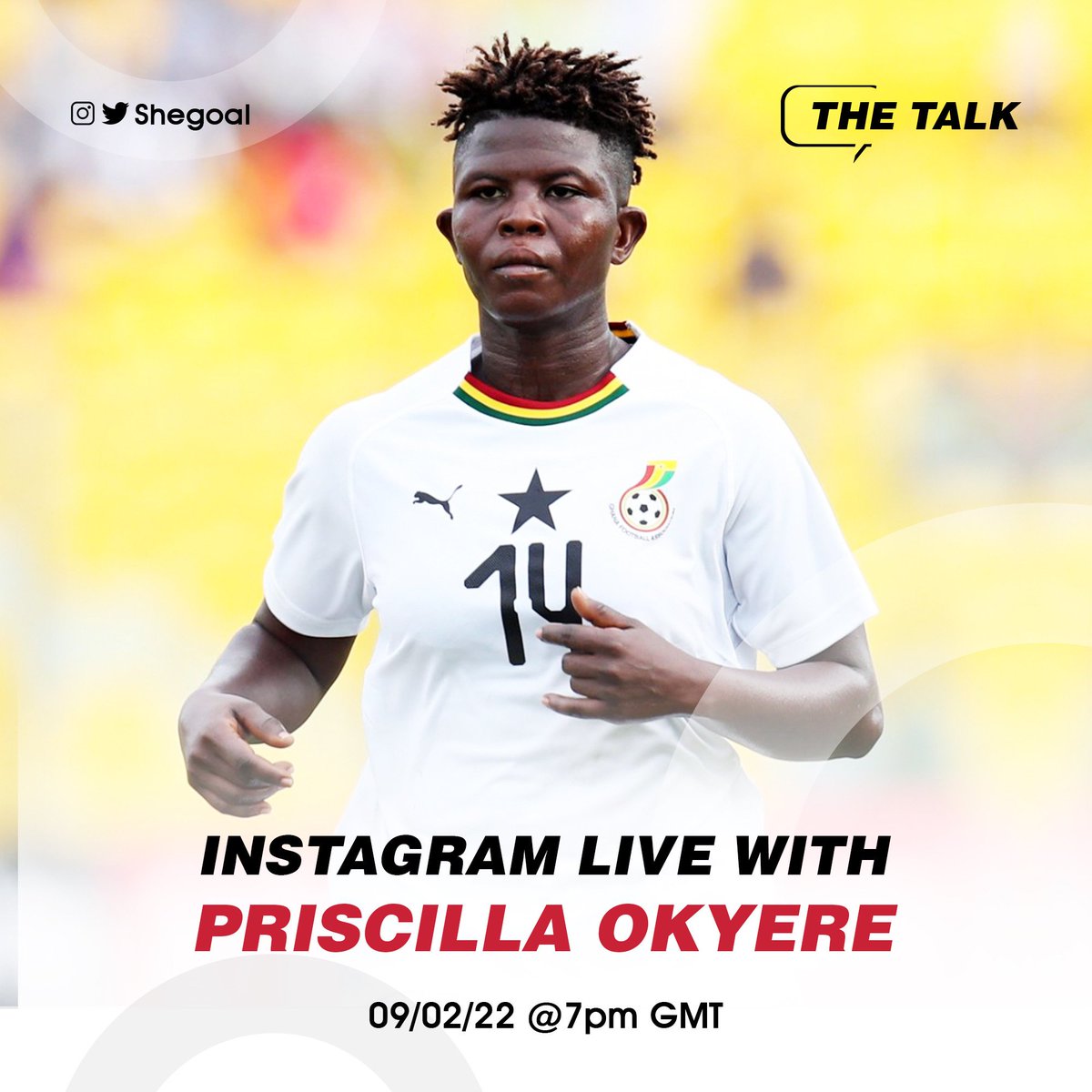 theshegoal's tweet photo. International footballer and Black Queens midfielder @Okyere14scilla will be joining us for a live chat tomorrow on our Instagram page. Follow us so you don't miss out.
#shegoal #beagirlwithgoals #soccergirl #GoalGirl #shegoalinitiative #womeninsports #womensfootball https://t.co/PMV9OjPhAm