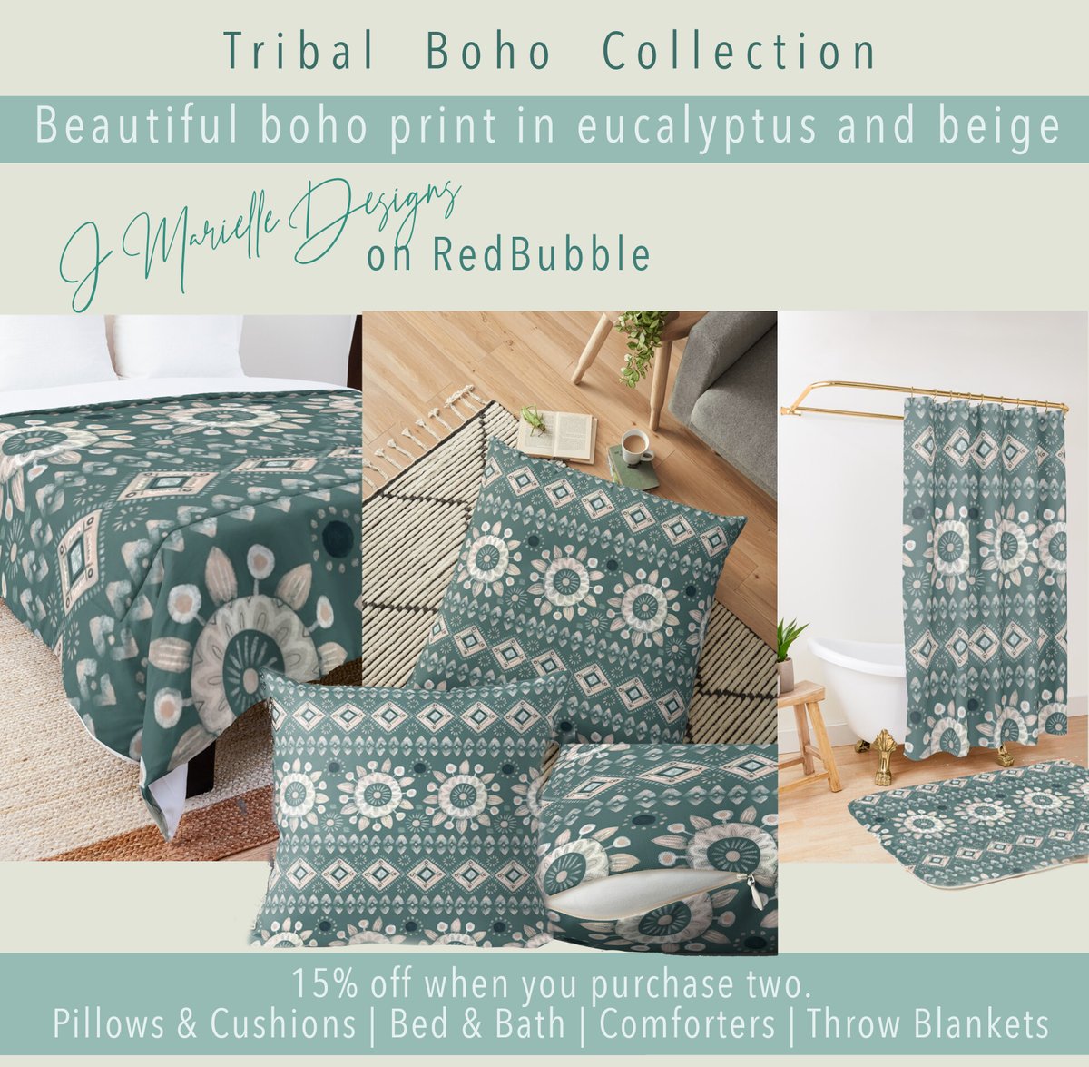 Beautiful boho print in eucalyptus & beige tones gives your home a wonderful organic vibe. In my shop on RedBubble.

redbubble.com/people/jmariel…

#ThrowPillows #FloorPillows #BedAndBath #HomeDecor #JMarielleDesigns #RedBubbleArtist #ShowerCurtains #BathMats #TribalPrints