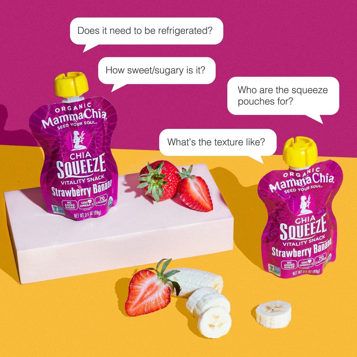 Got questions? Here's the skinny on our pouches:⁠
🍓 Keep them in the pantry or let them chill out in the fridge, either!
🍓 Sweet, but not too sweet!
🍓 Deliciously smooth with the lightest crunch. Not too thick, easy to gulp down! ⁠
🍓 Chia Squeeze is for souls of all ages!