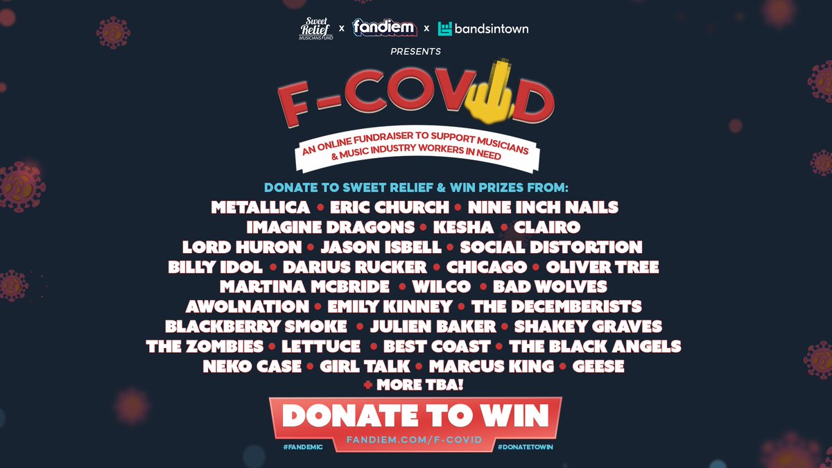 On behalf of your favorite artists: F-COVID! Together with <a href="/winwithfandiem/">Fandiem</a> + <a href="/SweetRelief/">Sweet Relief Musicians Fund</a>, we've teamed up with a lineup of legendary acts to raise money to cover vital expenses for touring musicians who’ve been impacted by the pandemic. Donate To Win: fandiem.com/f-covid