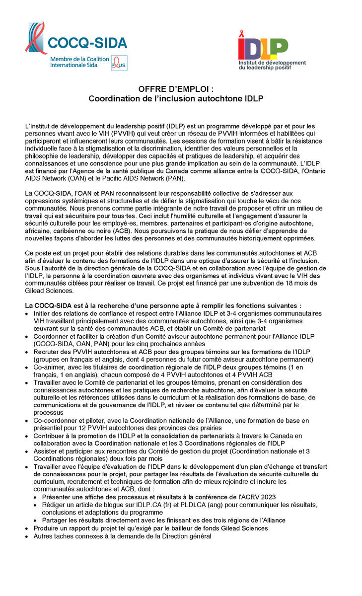 COCQSIDA's tweet photo. La COCQ-SIDA recrute: coordination de l'inclusion autochtone pour l'Institut de développement du leadership positif.
La personne embauchée sera chargée d'évaluer le contenu des formations de l’#IDLP dans une optique d’assurer la sécurité culturelle et l’inclusion. https://t.co/EOsZZNss4g