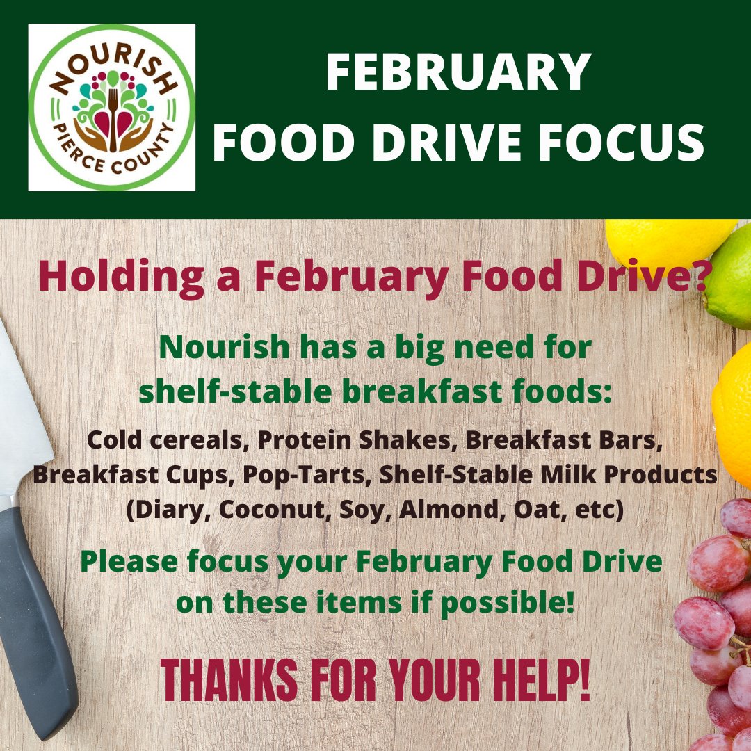 NourishPierceCo's tweet photo. During the last week of each month, Nourish will share our forecasted food bank needs for the upcoming month for those wanting to host a food drive. We ask that you focus your food-drive on our upcoming food bank needs. 

Thank you for working with Nourish to help those in-need! https://t.co/obgYUGtway