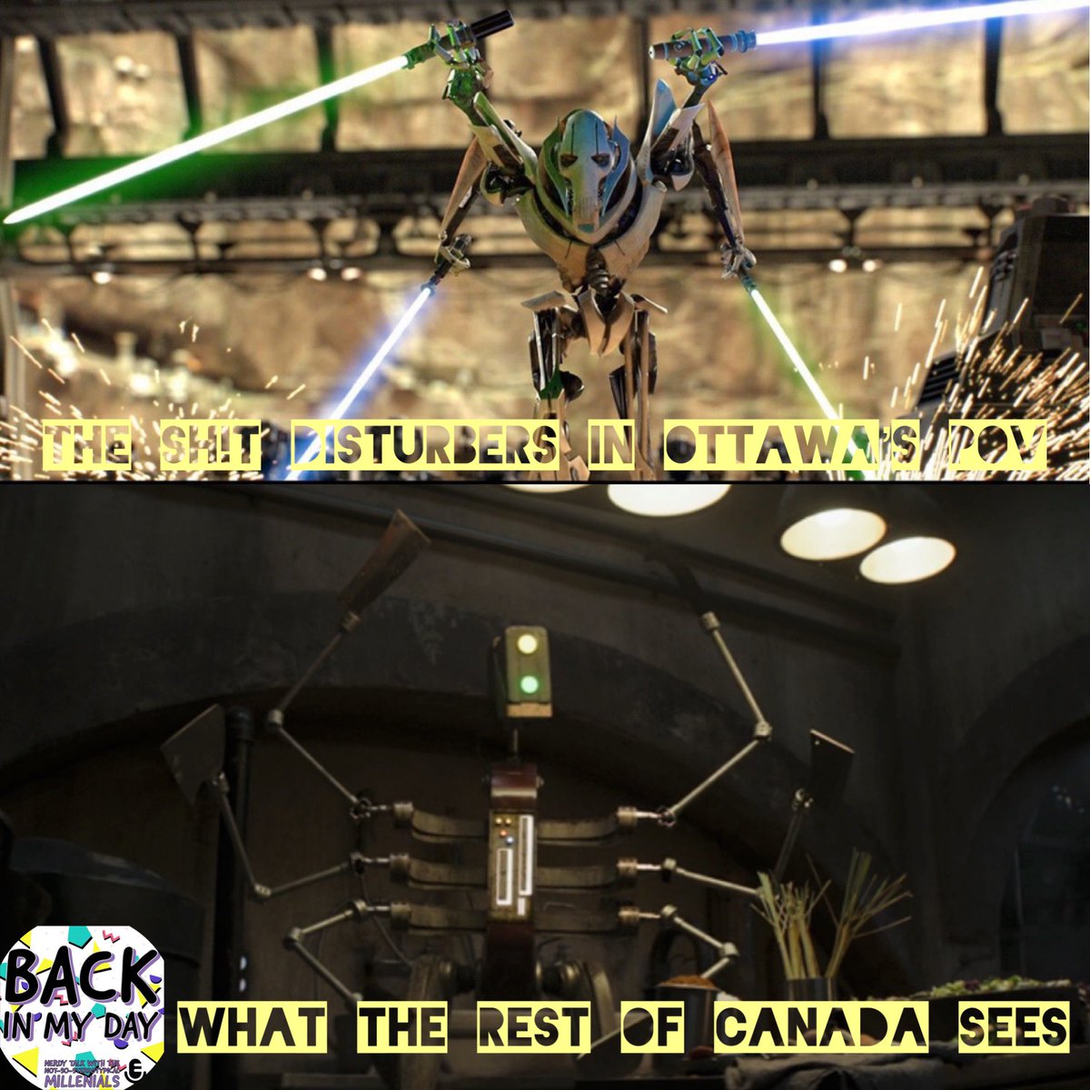 DayBackin's tweet photo. We stand with those who are afraid to leave their homes in Ottawa while this nonsense carries on.
Those promoting violence see themselves one way, while the rest of Canadians see things #FromADifferentPointOfView.
#FreeOttawa #StaySafe #cdnpoli #GeneralGrievous vs. #ChefGrievous https://t.co/lDGLp6K3Xl