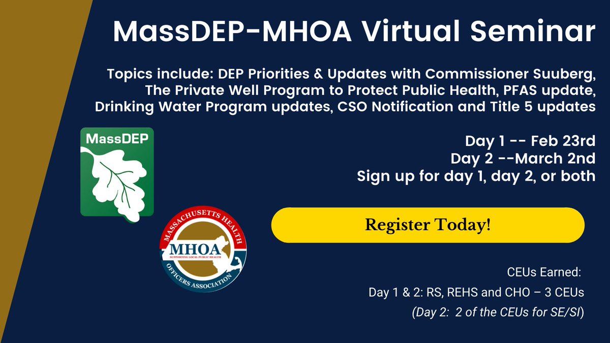 MassHealthOA's tweet photo. You won't want to miss the upcoming @MassDEP - MHOA seminar.  Navigate to the link below to register today!  #localpublichealth #PFAS #Title5
https://t.co/fvVfjcyUbo https://t.co/yJDTciUwFs