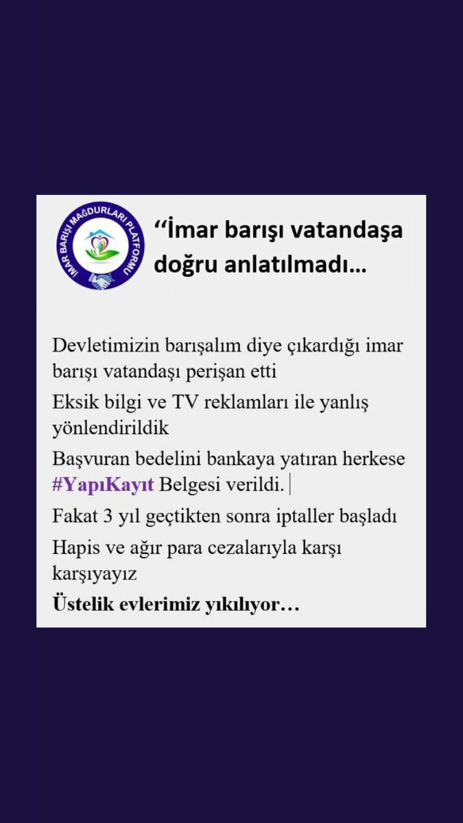 YapıKayıt AcilYasa 
#imarbarışıgüncellensin 
#yapikayitgeriverilsin
<a href="/dbdevletbahceli/">Devlet Bahçeli</a>
<a href="/kilicdarogluk/">Kemal Kılıçdaroğlu</a>
<a href="/meral_aksener/">Meral Akşener</a>
<a href="/alibabacan/">Ali Babacan</a>
<a href="/Ahmet_Davutoglu/">Ahmet Davutoğlu</a>
<a href="/Mustafa_Destici/">Mustafa Destici</a>
<a href="/ozcanpurcu/">Özcan Purçu</a>
<a href="/DursunATAS38/">Dursun ATAŞ</a>
<a href="/yavuzagiraliog/">Yavuz Ağıralioğlu</a>
<a href="/korayaydintr/">Koray Aydın</a>
<a href="/erkanakcay45/">Erkan Akçay</a>
<a href="/yasaryldrmMHP/">Yaşar Yıldırım</a>
<a href="/E_SemihYalcin/">E. Semih Yalçın</a>