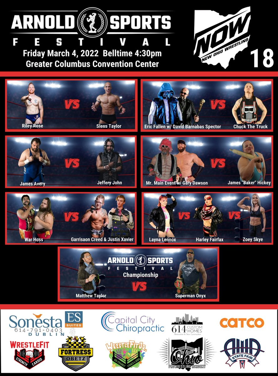 nowtraining614's tweet photo. Live event 2 of 5, NOW 18, at the @ArnoldSports Festival for @NewOhioWrestlin is on Friday March 4th… Bell time is 4:30pm… See ya there!!! https://t.co/QRBHmxmsN5