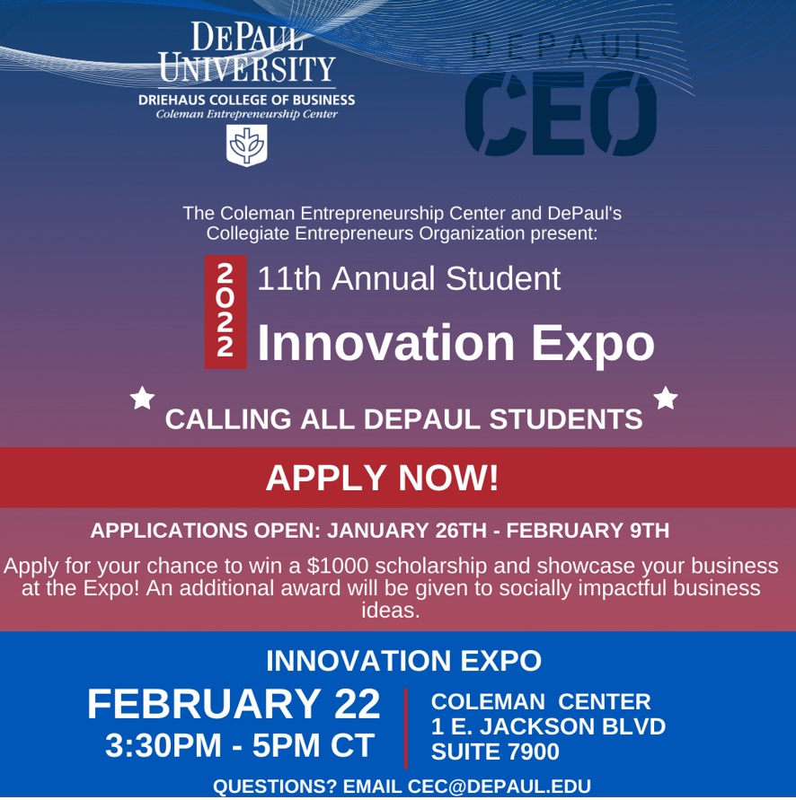 ceo_depaul's tweet photo. The Student Innovation Expo is YOUR chance to turn your business idea into a reality. Submit your pitches to us for a chance to earn $1000 in scholarship and showcase your business at our Expo on February 22nd at 3.30PM CST. Click here to apply: https://t.co/nlvstKUdZZ #business https://t.co/do8urOKpi6