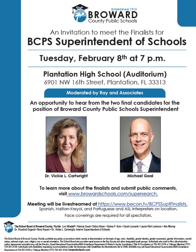 𝐑𝐄𝐌𝐈𝐍𝐃𝐄𝐑: 
Tonight, Tuesday, Feb. 8, at 7 p.m., hear from the two final candidates for the position of <a href="/browardschools/">Broward County Public Schools</a> Superintendent. Learn more about the finalists and submit public comment at browardschools.com/supersearch. 

Watch the live stream at becon.tv/BCPSSuptFinali….