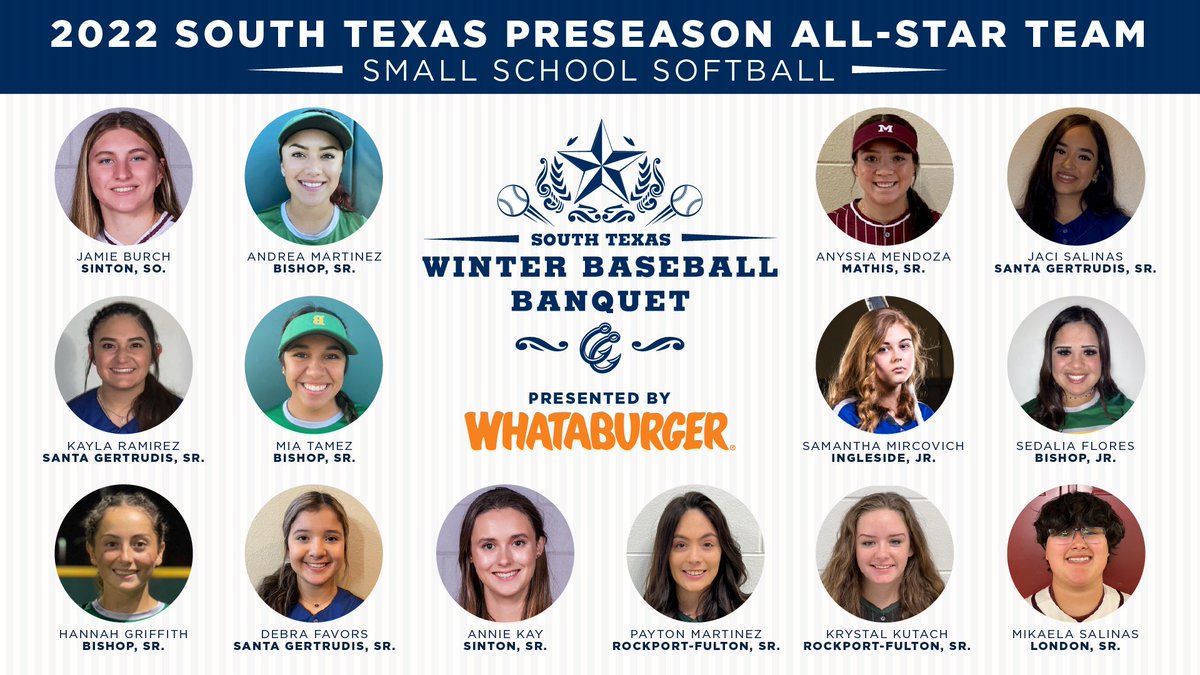 Corpus Christi Hooks (@cchooks) on Twitter photo It's ⏱ to announce the South Texas Preseason Baseball & Softball All-Star Teams this week presented by <a href="/Whataburger/">Whataburger®</a>!
Leading the way for small school softball with 4️⃣ players is <a href="/gobishopbadgers/">Bishop CISD</a>.
📰 atmilb.com/339SXzu It's ⏱ to announce the South Texas Preseason Baseball & Softball All-Star Teams this week presented by <a href="/Whataburger/">Whataburger®</a>!
Leading the way for small school softball with 4️⃣ players is <a href="/gobishopbadgers/">Bishop CISD</a>.
📰 atmilb.com/339SXzu