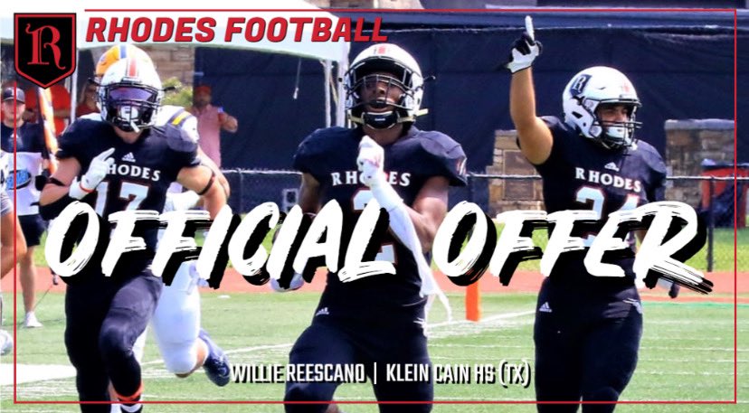 #AGTG After a great talk with <a href="/CoachBrown60/">Antonio Brown</a> I’m excited to announce that I have received  my third offer from Rhodes University !
<a href="/KLEINCAINFB/">Klein Cain Football</a>
@CoachRyanScott 
<a href="/COACHJCLANCY/">James Clancy</a> 
<a href="/RhodesAthletics/">Rhodes Athletics</a> 
<a href="/coachrichduncan/">Rich Duncan</a>