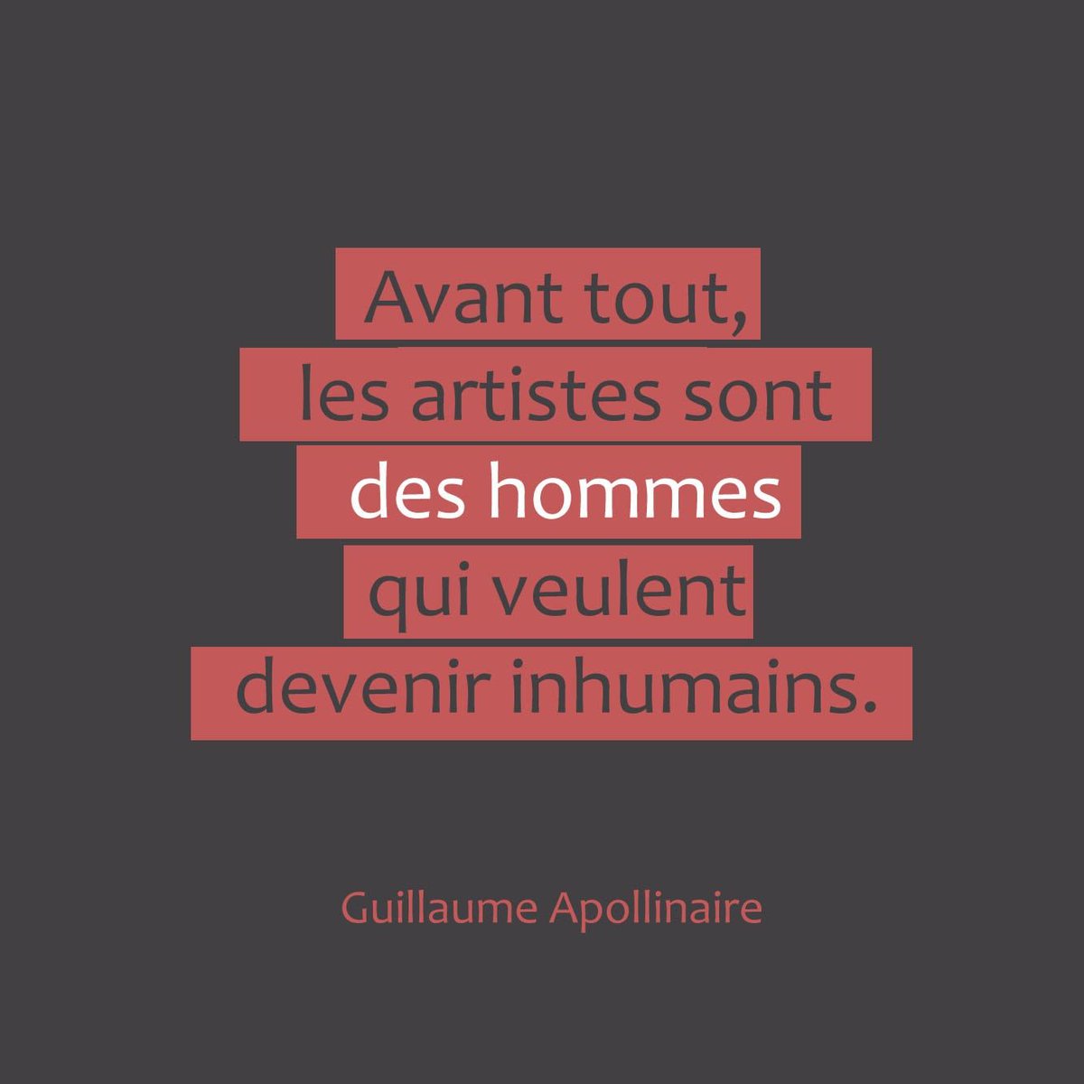 Avant tout, les artistes sont des hommes qui veulent devenir inhumains.
Guillaume Apollinaire

#art #arte #kunst #artinfo #artnews #fineart #artcontemporary #artinspo #happyartistmovement #artgram #citation #homme #inhumain