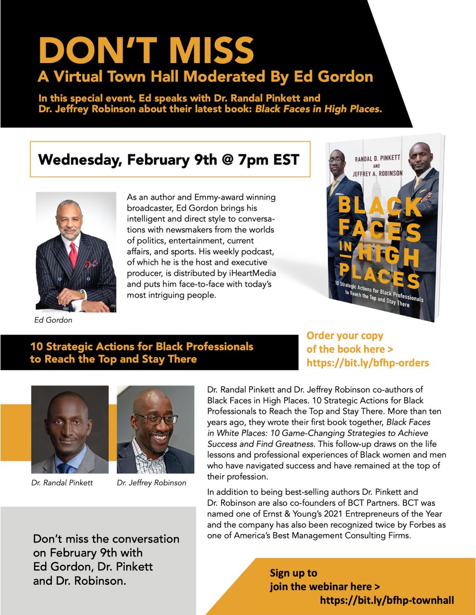 randalpinkett's tweet photo. "Black Faces in High Places @BFHPBook is now available at bookstores! Join the launch event Town Hall TOMORROW 2/9 7 pm ET w/me and @jrobinsonphd hosted by Ed Gordon. ORDER THE BOOK here: https://t.co/2E7yzIbMX7 and REGISTER NOW for the Town Hall here: https://t.co/atjwVZnvgB https://t.co/FwjXW1gz6s
