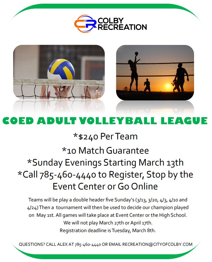 Registration is now open for our Spring Adult Coed Volleyball League! Games will take place Sunday afternoon/evenings beginning March 13th. Registration is $240 per team, all team entries must be paid up front to secure your registration.