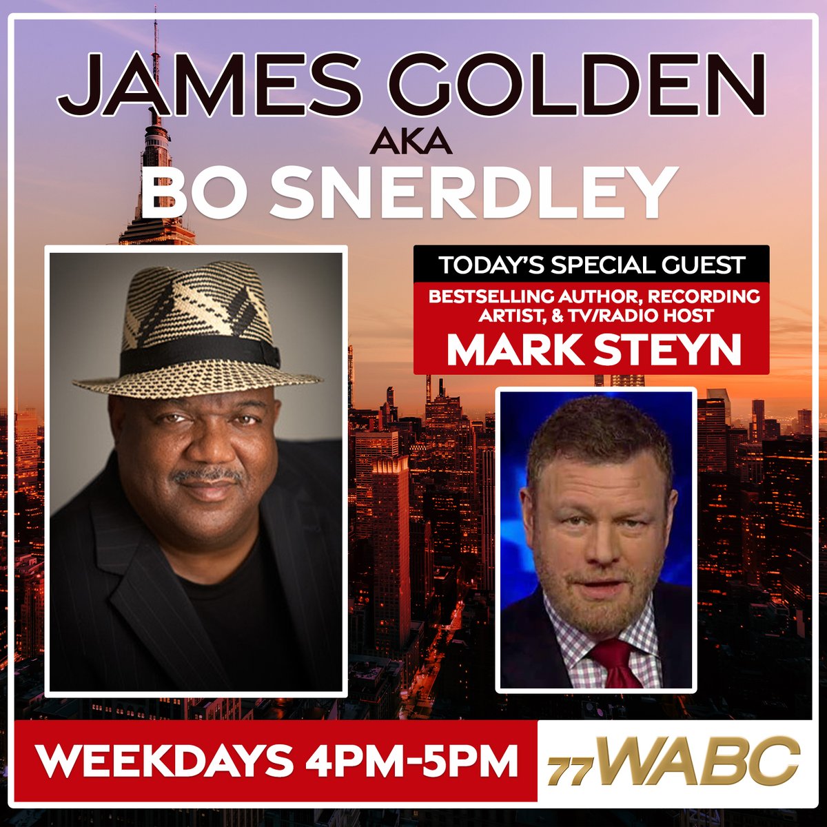 Coming up at 4:15PM EST: Mark Steyn will be a special guest on The James Golden AKA @bosnerdley Show!

#SnerdleyandSteyn will dissect the politics and news that you need to know!

Streaming worldwide on WABCRADIO.COM or on the 77 WABC mobile app!

#77WABCRadio #News