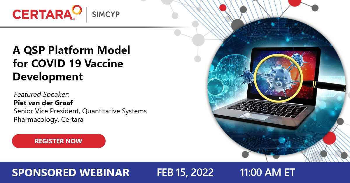 Certara's tweet photo. Join Prof. Piet van der Graaf at the upcoming @ISSX webinar sponsored by Certara’s #Simcyp division on February 15th @ 11AM ET. Piet will be discussing a QSP Platform model for COVID 19 vaccine development.
Register today! https://t.co/larreRb3Xs https://t.co/i1VR5egJ51